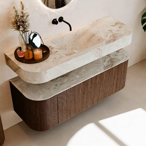 MONDIAZ THOR-DLUX 130cm meuble de salle de bains arrondi gauche + droite couleur Walnut avec 1 tiroir et 2 portes. Vasque suspendue CLOUD Milieu sans trou de robinet couleur Frappe. SW1463560
