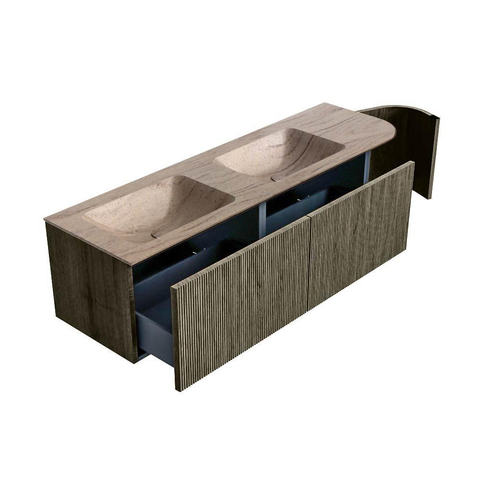 MONDIAZ KURVE-DLUX Meuble de salle de bains 155cm arrondi à droite couleur Shadow avec 2 tiroirs et 1 porte. Lavabo LEAF Double / Gauche sans trou de robinet Saba. SW1433285