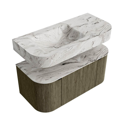 MONDIAZ THOR-DLUX 100cm meuble de salle de bains arrondi gauche + droite couleur Shadow avec 1 tiroir et 2 portes. Vasque suspendue CLOUD gauche sans trou de robinet couleur Glace. SW1467442