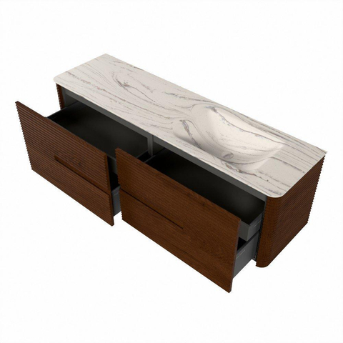 Mondiaz CIRO-DLUX Meuble de salle de bains - 160x45x50cm - Plan vasque Solid surface Nata - 1 lavabo à droite - sans trous de robinet - 4 tiroirs - Ruby SW1532056