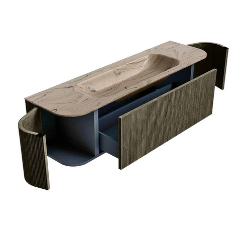 MONDIAZ KURVE-DLUX Meuble de salle de bains 160cm arrondi Gauche + Droite couleur Shadow avec 1 tiroir et 2 portes. Lavabo BIG MEDIUM Central 1 trou de robinet Arena. SW1431433