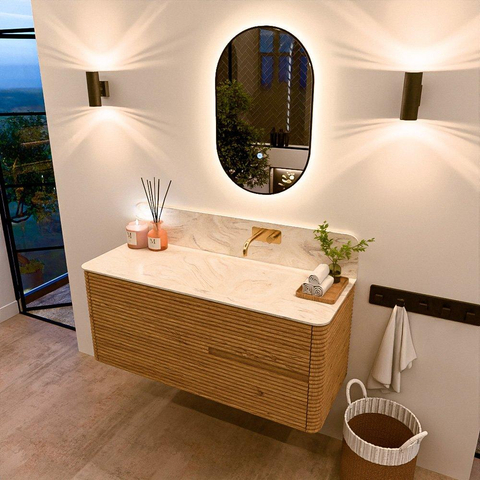 Mondiaz CIRO-DLUX Meuble de salle de bains - 120x45x50cm - Plan vasque solid surface Ostra - 1 vasque à droite - sans trous de robinetterie - 2 tiroirs - Chêne SW1530990