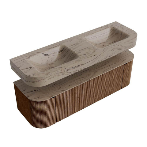 MONDIAZ THOR-DLUX 150cm meuble de salle de bains arrondi gauche + droite couleur Walnut avec 1 tiroir et 2 portes. Vasque suspendue CLOUD Double sans trou de robinet couleur Arena. SW1464738