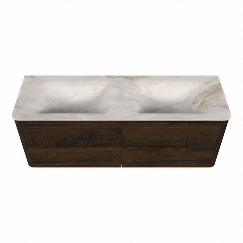 Mondiaz CIRO-DLUX Ensemble de meubles de salle de bains - 140x45x50cm - Plan vasque solid surface Frappe - 2 vasques double - sans trous de robinet - 4 tiroirs - Noyer SW1530111