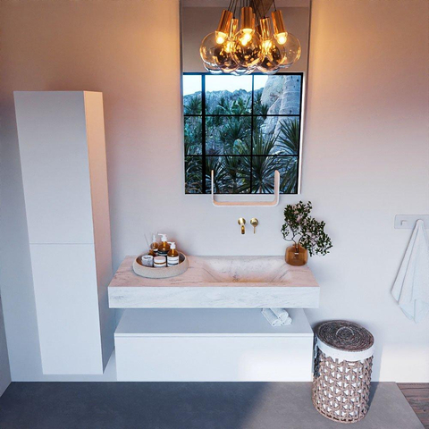 Mondiaz ALAN-DLUX Ensemble de meuble - 110cm - meuble Talc mat - 1 tiroir - Lavabo Cloud Opalo suspendu - vasque Droite - 0 trous de robinet SW806246