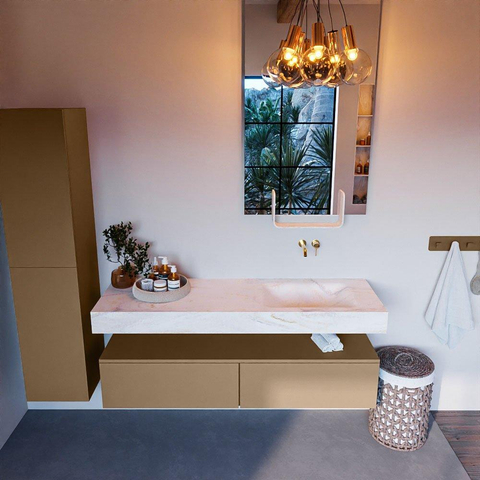 Mondiaz ALAN-DLUX Ensemble de meuble - 150cm - meuble Oro mat - 2 tiroirs - Lavabo Cloud Ostra suspendu - vasque Droite - 0 trous de robinet SW807814