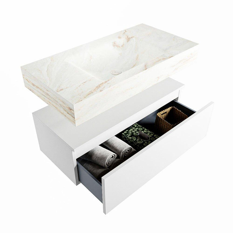 Mondiaz ALAN-DLUX Ensemble de meuble - 90cm - meuble Talc mat - 1 tiroir - Lavabo Cloud Frappe suspendu - vasque Centre - 1 trou de robinet SW804838