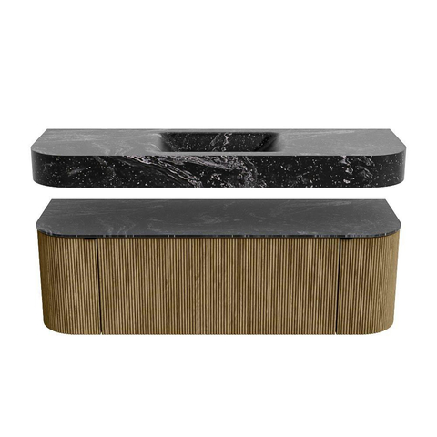 MONDIAZ THOR-DLUX Meuble de salle de bains - 140cm - arrondi gauche + droite - couleur Dusk - 1 tiroir - 2 portes - Vasque suspendue CLOUD centrale 1 trou de robinet - couleur Lava SW1464136