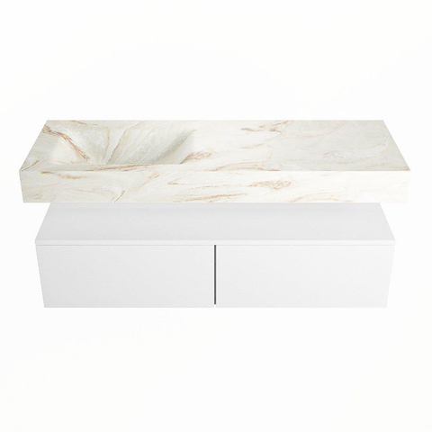 Mondiaz ALAN-DLUX Ensemble de meuble - 130cm - meuble Talc mat - 2 tiroirs - Lavabo Cloud Frappe suspendu - vasque Gauche - 0 trous de robinet SW804781