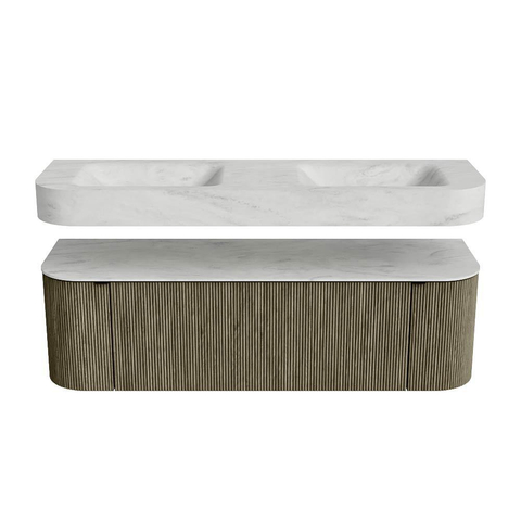MONDIAZ THOR-DLUX 150cm badmeubel ronding links + rechts kleur Shadow met 1 lade en 2 deuren. Vrijhangende wastafel CLOUD Dubbel zonder kraangat kleur Opalo. SW1464709
