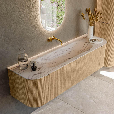 MONDIAZ KURVE-DLUX 160cm badmeubel ronding Links + Rechts kleur Oak met 1 lade en 2 deuren. Wastafel BIG MEDIUM Midden zonder kraangat Nata. SW1432098