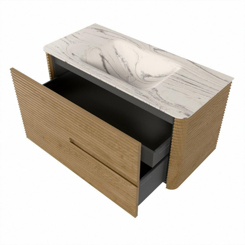 Mondiaz CIRO-DLUX Ensemble de meubles de salle de bains - 100x45x50cm - Plan vasque en solid surface Nata - 1 bassin au milieu - 1 trou de robinet - 2 tiroirs - Chêne SW1531430