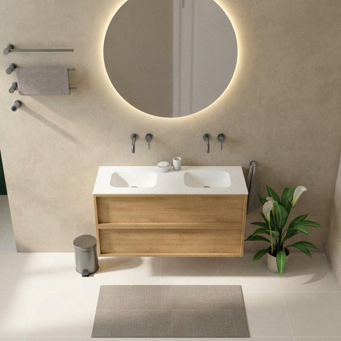 Saniclass Holz Frame Ensemble de meuble de salle de bains - 120x45x61.5cm - Flow lavabo en Solid Surface blanc - 2 vasques - sans trous de robinet - 2 tiroirs - chêne natural mat (bois) SW1579776