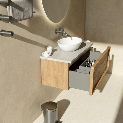 Saniclass Holz Frame Badkamermeubelset - 100x45x43cm - Travertine natuurstenen topblad - zonder kraangat - 1 lade - mat eiken natural (hout) SW1478854