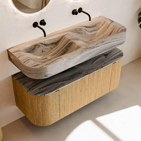 MONDIAZ THOR-DLUX Meuble de salle de bains 120cm arrondi gauche + droite couleur Oak avec 1 tiroir et 2 portes. Vasque suspendue CLOUD Double sans trou de robinet couleur Sombra. SW1463660