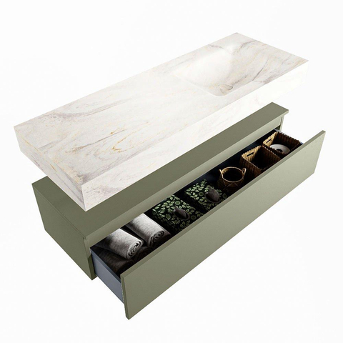 MONDIAZ ALAN - DLUX Ensemble meuble de salle de bains - 130cm - meuble bas - Army - 1 tiroir - lavabo suspendu - vasque à droite - 0 trous de robinet - Ostra SW807553