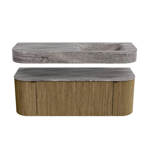 MONDIAZ THOR-DLUX Meuble de salle de bains 130cm arrondi gauche + droite couleur Dusk avec 1 tiroir et 2 portes. Vasque suspendue CLOUD Droite 1 trou de robinet couleur Oza. SW1463993