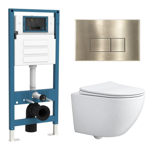 QeramiQ Dely Swirl Compact Toiletset - inbouwreservoir QeramiQ flush - slim zitting - metalen bedieningsplaat messing geborsteld (goud) - rechthoekige knoppen - mat wit SW1590789