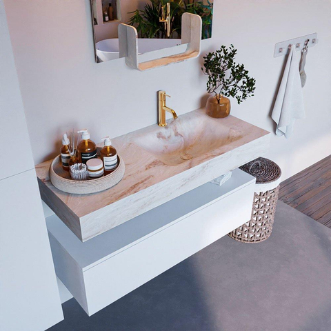 Mondiaz ALAN-DLUX Ensemble de meuble - 110cm - meuble Talc mat - 1 tiroir - Lavabo Cloud Frappe suspendu - vasque Droite - 1 trou de robinet SW805017