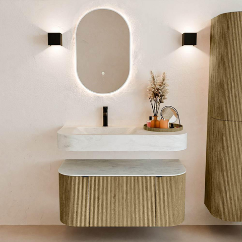 MONDIAZ THOR-DLUX 100cm meuble de salle de bains arrondi gauche + droite couleur Dusk avec 1 tiroir et 2 portes. Vasque suspendue CLOUD Gauche 1 trou de robinet couleur Opalo. SW1467351