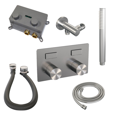 BRAUER Brushed Carving mitigeur de baignoire encastré thermostatique - boutons-poussoirs SET 03 - combinaison de remplissage de baignoire - douchette à main barre - flexible de douche - coude de raccordement mural - inox brossé PVD SW925440