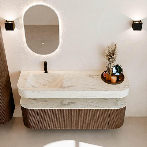 MONDIAZ THOR-DLUX 150cm badmeubel ronding links + rechts kleur Walnut met 1 lade en 2 deuren. Vrijhangende wastafel CLOUD Links 1 kraangat kleur Ostra. SW1464496