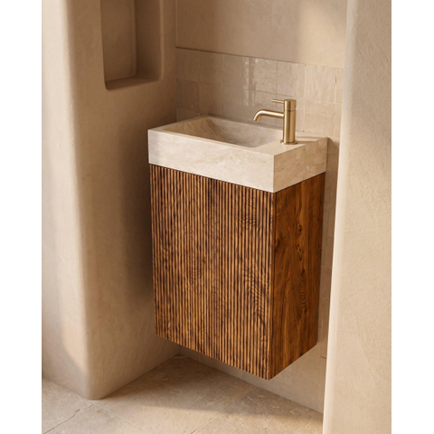 Saniclass Holz Atelier Ensemble de meuble de toilette - 40x60.5cm - 1 porte - lave-mains travertin - trou de robinet à droite - walnut pure SW1577783