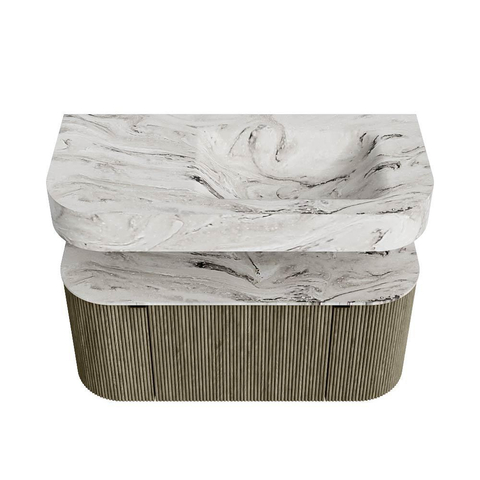 MONDIAZ THOR-DLUX 100cm meuble de salle de bains arrondi gauche + droite couleur Shadow avec 1 tiroir et 2 portes. Vasque suspendue CLOUD Droite 1 trou de robinet couleur Glace. SW1467515