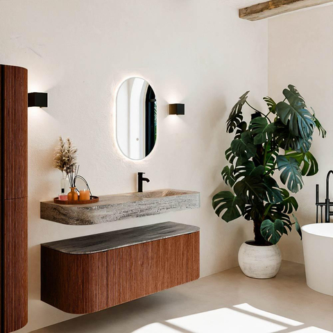 MONDIAZ THOR-DLUX 130cm meuble de salle de bains arrondi gauche + droite couleur Ruby avec 1 tiroir et 2 portes. Vasque suspendue CLOUD Droite 1 trou de robinet couleur Oza. SW1463990