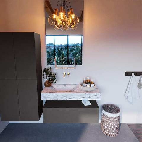Mondiaz ALAN-DLUX Ensemble de meuble - 100cm - meuble Dark grey mat - 1 tiroir - Lavabo Cloud Glace suspendu - vasque Gauche - 0 trous de robinet SW804883