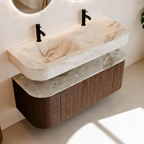 MONDIAZ THOR-DLUX Meuble de salle de bains 120cm arrondi gauche + droite couleur Walnut avec 1 tiroir et 2 portes. Vasque suspendue CLOUD Double 2 trous de robinet couleur Frappe. SW1419185