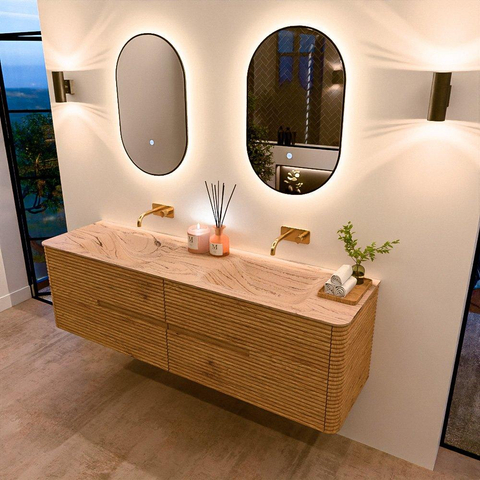 Mondiaz CIRO-DLUX Badkamermeubelset - 170x45x50cm - Solid surface wastafel Arena - 2 wasbak Dubbel - zonder kraangaten - 4 lades - Oak SW1531360
