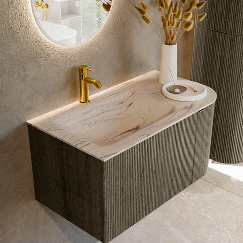 MONDIAZ KURVE-DLUX Meuble de salle de bains 85 cm arrondi à droite couleur Shadow avec 1 tiroir et 1 porte. Lavabo CLOUD à gauche 1 trou de robinet Nata. SW1432258
