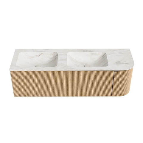 MONDIAZ KURVE-DLUX Meuble de salle de bains 145 cm avec module 25 R couleur Oak avec 1 tiroir et 1 porte. Lavabo LEAF double / gauche sans trou de robinet couleur Ostra. SW1137762