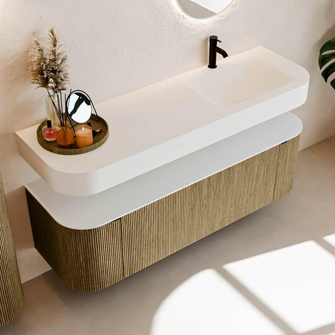 MONDIAZ THOR 150cm meuble de salle de bains arrondi gauche + droite couleur Dusk avec 1 tiroir et 2 portes. Vasque suspendue CLOUD Droite 1 trou de robinet couleur Talc. SW1464480
