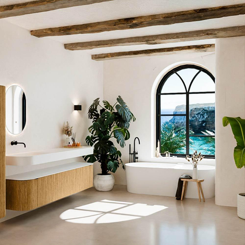 MONDIAZ THOR Meuble de salle de bains - 200cm - arrondi gauche + droite - couleur Oak - 2 tiroirs - 2 portes - Vasque suspendue CLOUD Gauche sans trou de robinet - couleur Talc SW1466930