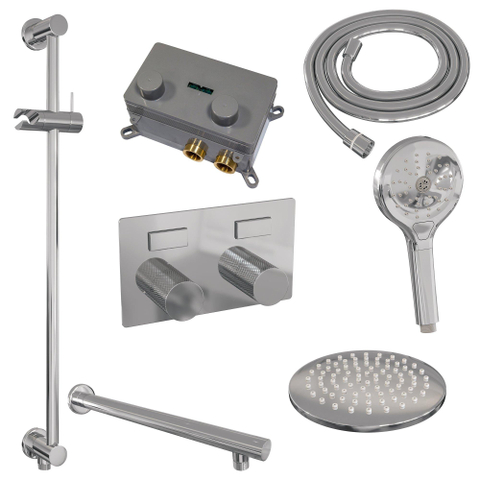 BRAUER Chrome Carving Thermostatische Regendouche inbouw - drukknoppen - SET 67 - 20cm hoofddouche - rechte muurarm - 3 standen handdouche - doucheslang - geïntegreerde glijstang - chroom SW925528