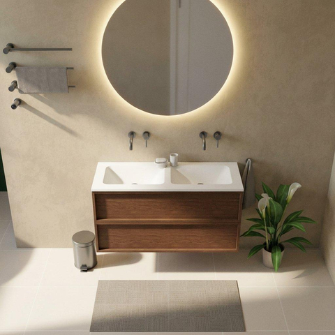 Saniclass Holz Frame Ensemble meuble de salle de bains - 120x45x77.5cm - lavabo Torino en solid surface blanc - sans trou de robinet - 2 tiroirs - walnut pure mat (bois) SW1579923