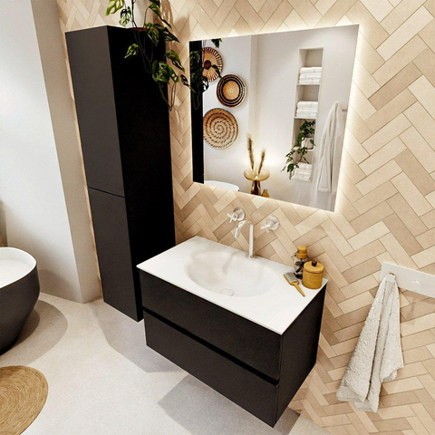 MONDIAZ VICA meuble sous lavabo 80cm Urban 2 tiroirs. Lavabo MOON centre 1 trou de robinet, couleur Talc. SW1381804