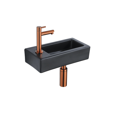QeramiQ Fuente fonteinset – 37.5x18.5x9 cm – keramiek zwart mat – kraangat links – geborsteld koperen kraan SW1232772