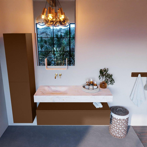 Mondiaz ALAN-DLUX Ensemble de meuble - 130cm - meuble Rust mat - 1 tiroir - Lavabo Cloud Ostra suspendu - vasque gauche - 0 trous de robinet SW807519