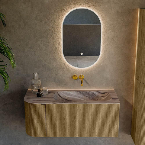 MONDIAZ KURVE-DLUX 105cm badmeubel ronding Links kleur Dusk met 1 lade en 1 deur. Wastafel BIG SMALL Rechts zonder kraangat Sombra. SW1433842