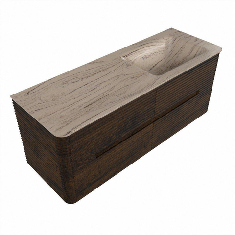 Mondiaz CIRO-DLUX Badkamermeubelset - 130x45x50cm - Solid surface wastafel Arena - 1 wasbak Rechts - 1 kraangat - 4 lades - Walnut SW1530472