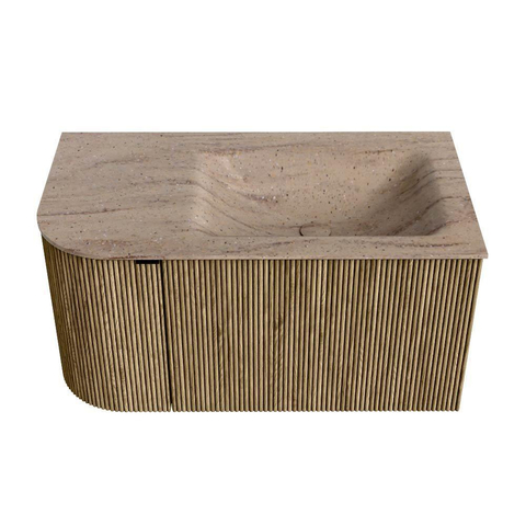 MONDIAZ KURVE-DLUX Meuble de salle de bains 85cm arrondi à gauche couleur Dusk avec 1 tiroir et 1 porte. Lavabo CLOUD à droite 1 trou de robinet Saba. SW1433315