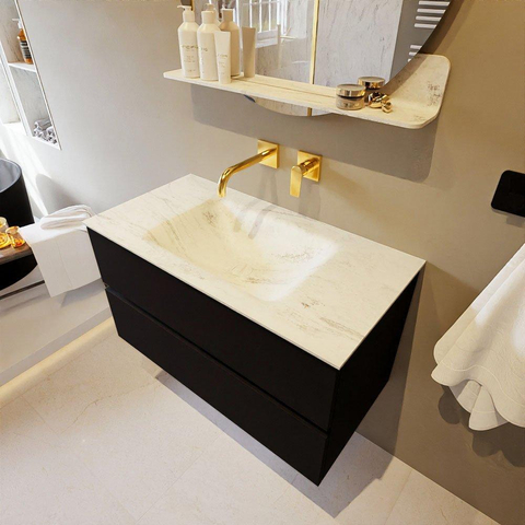 MONDIAZ VICA-DLUX Ensemble meuble de salle de bains - 90cm - meuble bas Urban - 2 tiroirs - lavabo encastré Cloud central - sans trous de robinet - version haute 60cm - Opalo SW1088518