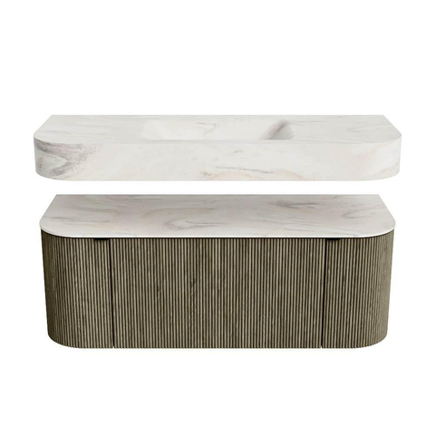 MONDIAZ THOR-DLUX 120cm meuble de salle de bains arrondi gauche + droite couleur Shadow avec 1 tiroir et 2 portes. Vasque suspendue CLOUD Milieu 1 trou de robinet couleur Ostra. SW1463167