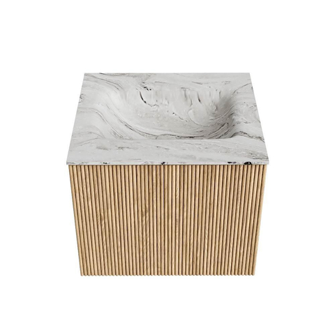 MONDIAZ KURVE-DLUX 50cm badmeubel kleur Oak met 1 lade. Wastafel GRUNNE midden zonder kraangat kleur Glace. SW1137870