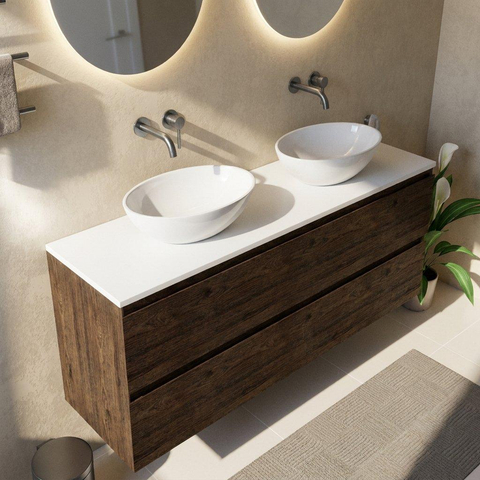 Saniclass Holz Pure Badkamermeubelset - 160x45x62.5cm - Torino solid surface topblad wit - zonder kraangat - 4 lades - mat eiken charcoal (hout) SW1478830