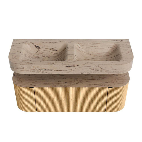 MONDIAZ THOR-DLUX 130cm meuble de salle de bains arrondi gauche + droite couleur Oak avec 1 tiroir et 2 portes. Vasque suspendue CLOUD Double 2 trous de robinet couleur Arena. SW1463781