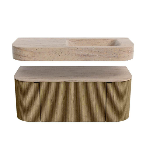 MONDIAZ THOR-DLUX 110cm meuble de salle de bains arrondi gauche + droite couleur Dusk avec 1 tiroir et 2 portes. Vasque suspendue CLOUD Droite 1 trou de robinet couleur Saba. SW1463009